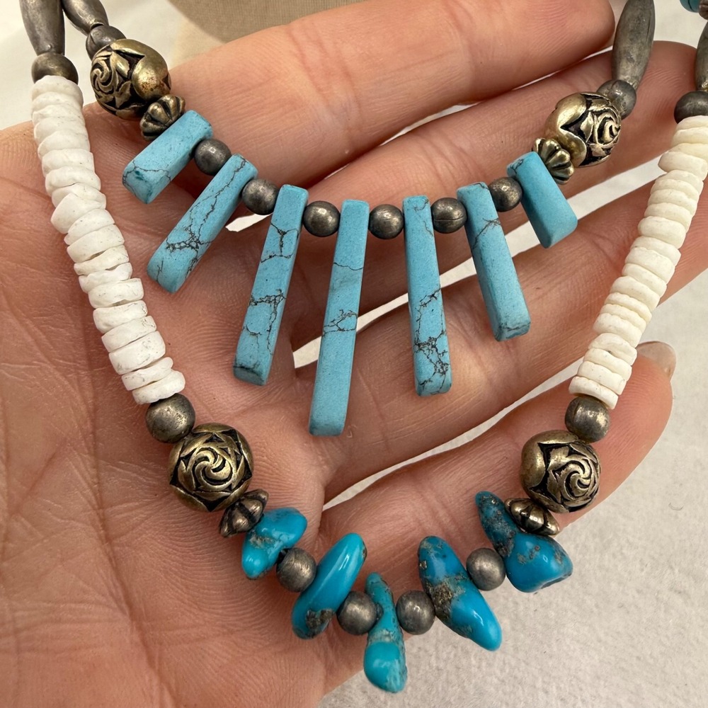 Vintage Estate Necklace Blue Silver Western Layered Beaded Stone 26"
